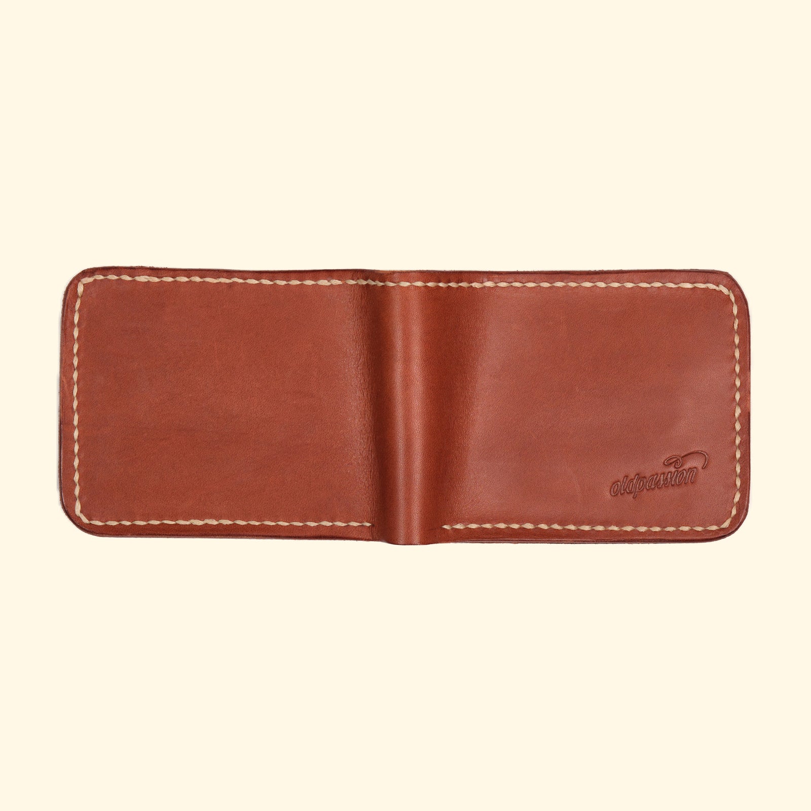 Bifold-Wallet-Leder-Portemonnaie-handgemacht-hellbraun-oldpassion-from-prison-with-love-rueckseite-geoeffnet