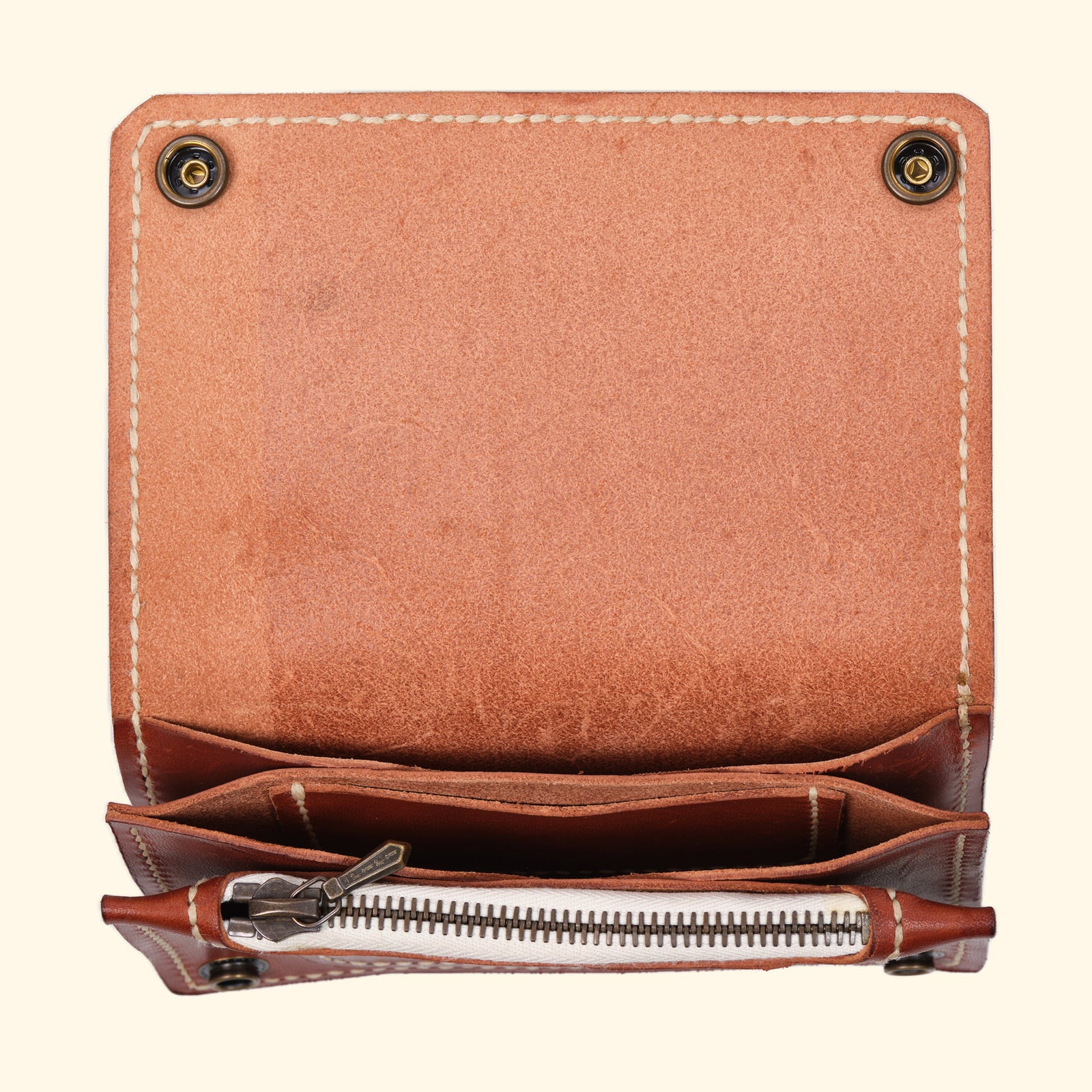 Trucker-Wallet-Extravagantes-Leder-Portemonnaie-hellbraun-Leder-antique-hardware-oldpassion-from-prison-with-love-Bargeld-und-Kreditkarten-Faecher-bird-view