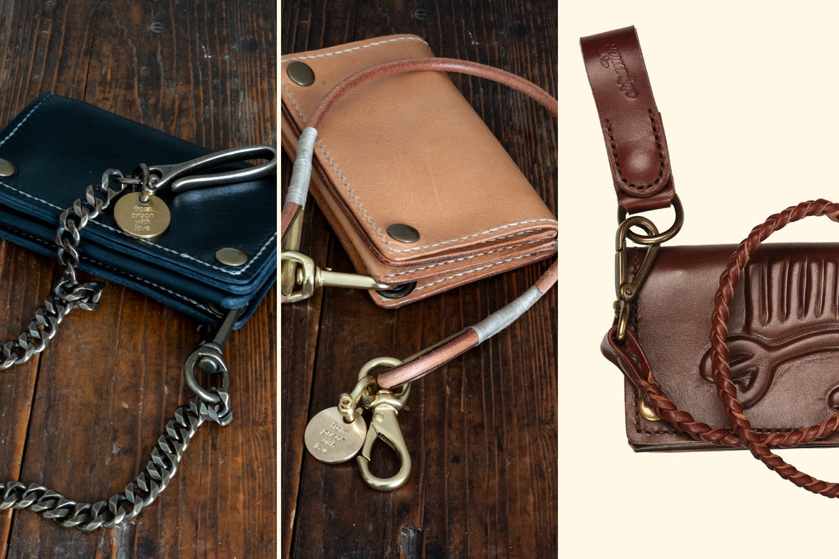 Drei oldpassion Trucker Wallets mit Wallet Chain, rundem Leder-Lanyard und geflochtenem Leder-Lanyard