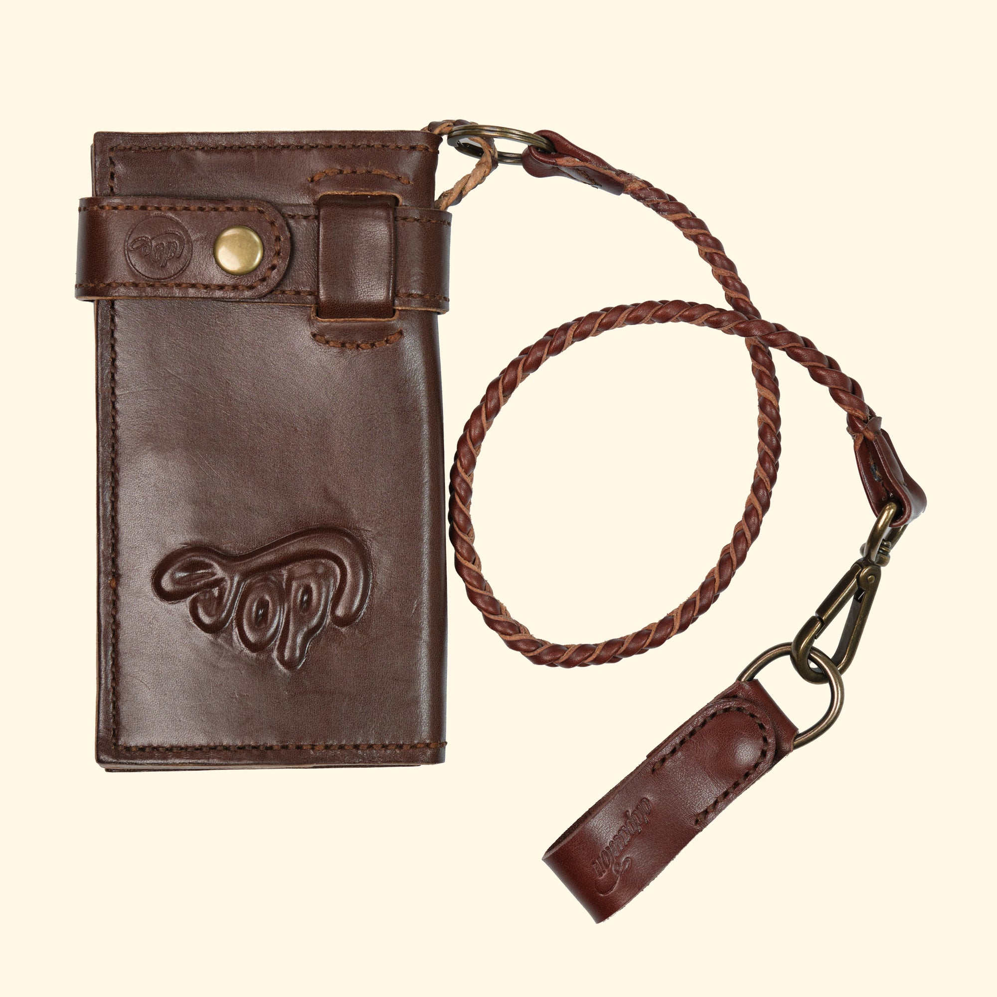 Braided-Leather-Lanyard-Geflochtenes-Schluesselband-aus-Echtleder-brown-antique-mit-clip-attached-longwallet-brown