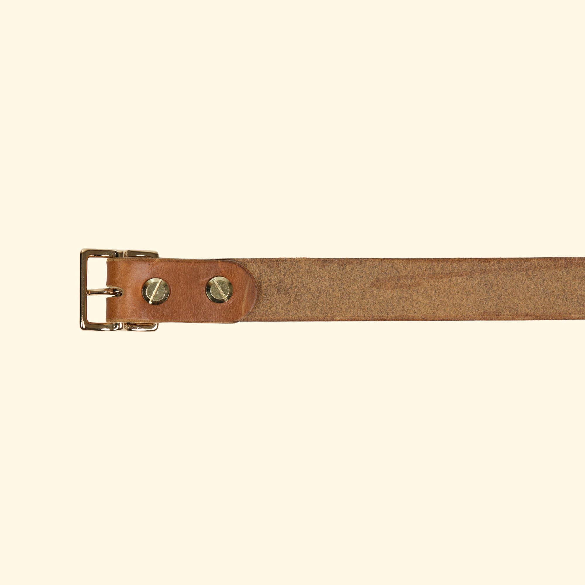 Rückansicht des oldpassion op belt slim mit goldener Mittelsteg-Schnalle und zwei hochwertigen Messing-Schraubnieten auf der Innenseite des Sunflower-farbenen Horween Cavalier Leders