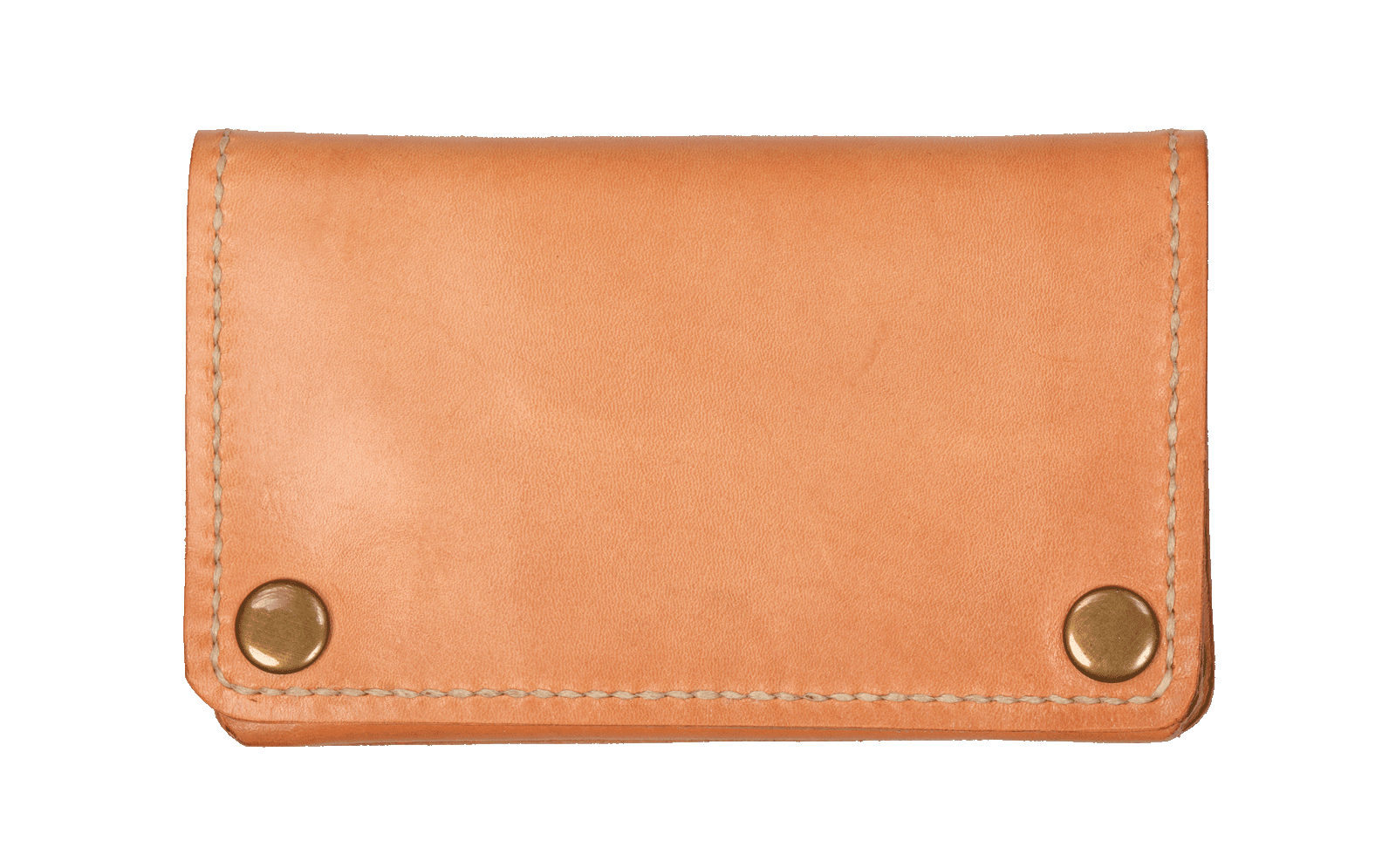 Oldpassion Trucker Wallet aus naturbelassenem Leder mit handvernähten Kanten und Druckknopfverschluss in frontaler Produktansicht.