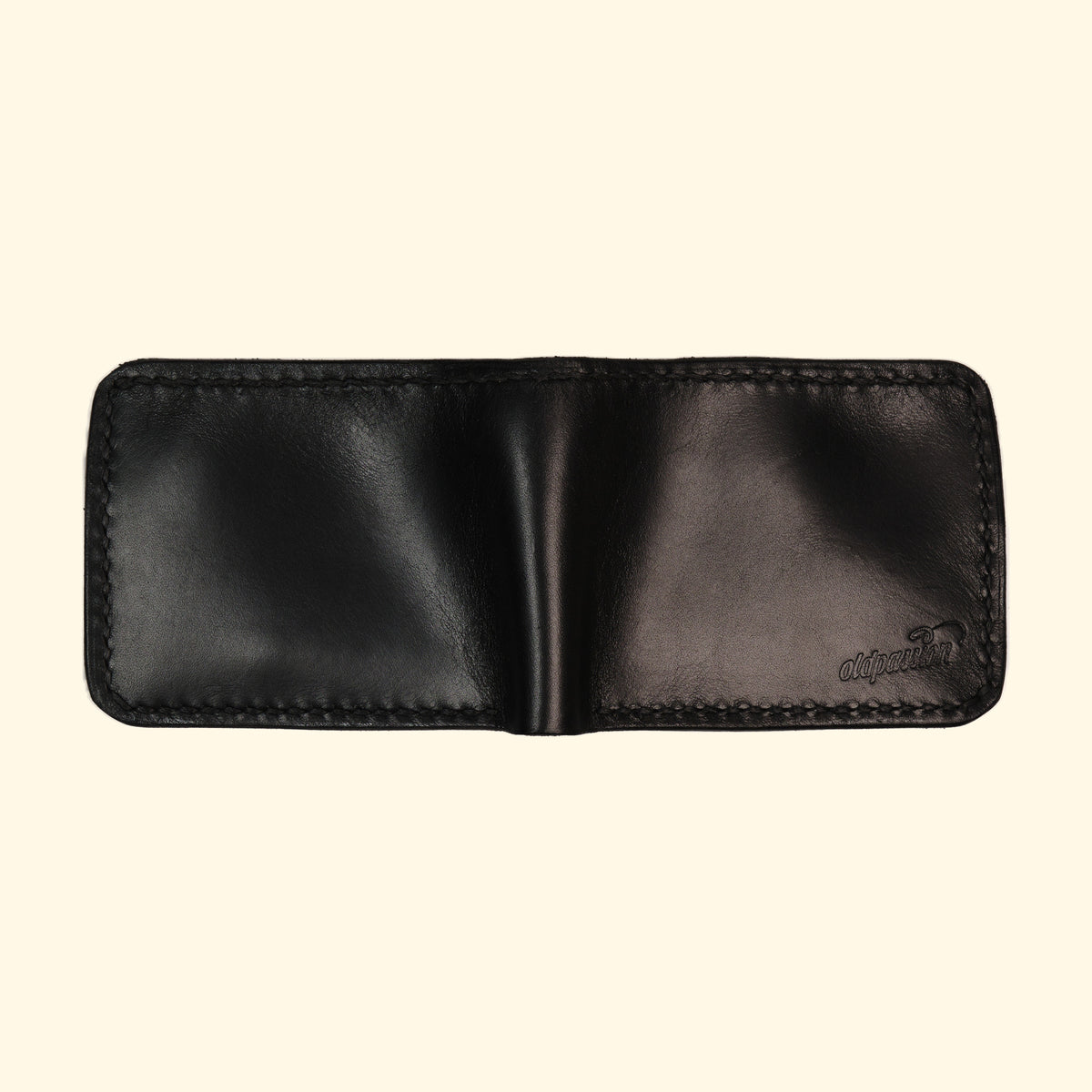 Bifold-Wallet-Leder-Portemonnaie-handgemacht-schwarz-oldpassion-from-prison-with-love-rueckseite-geoeffnet