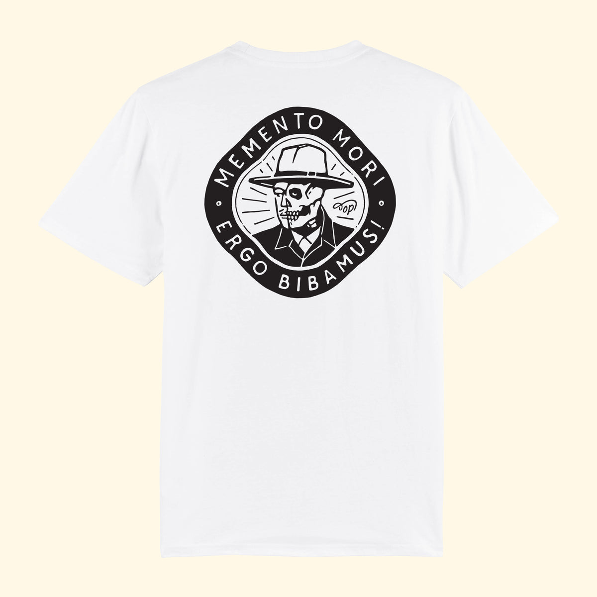 Memento-Mori-Ergo-Bibamus-T-Shirt-weiss-rueckseite-oldpassion-from-prison-with-love