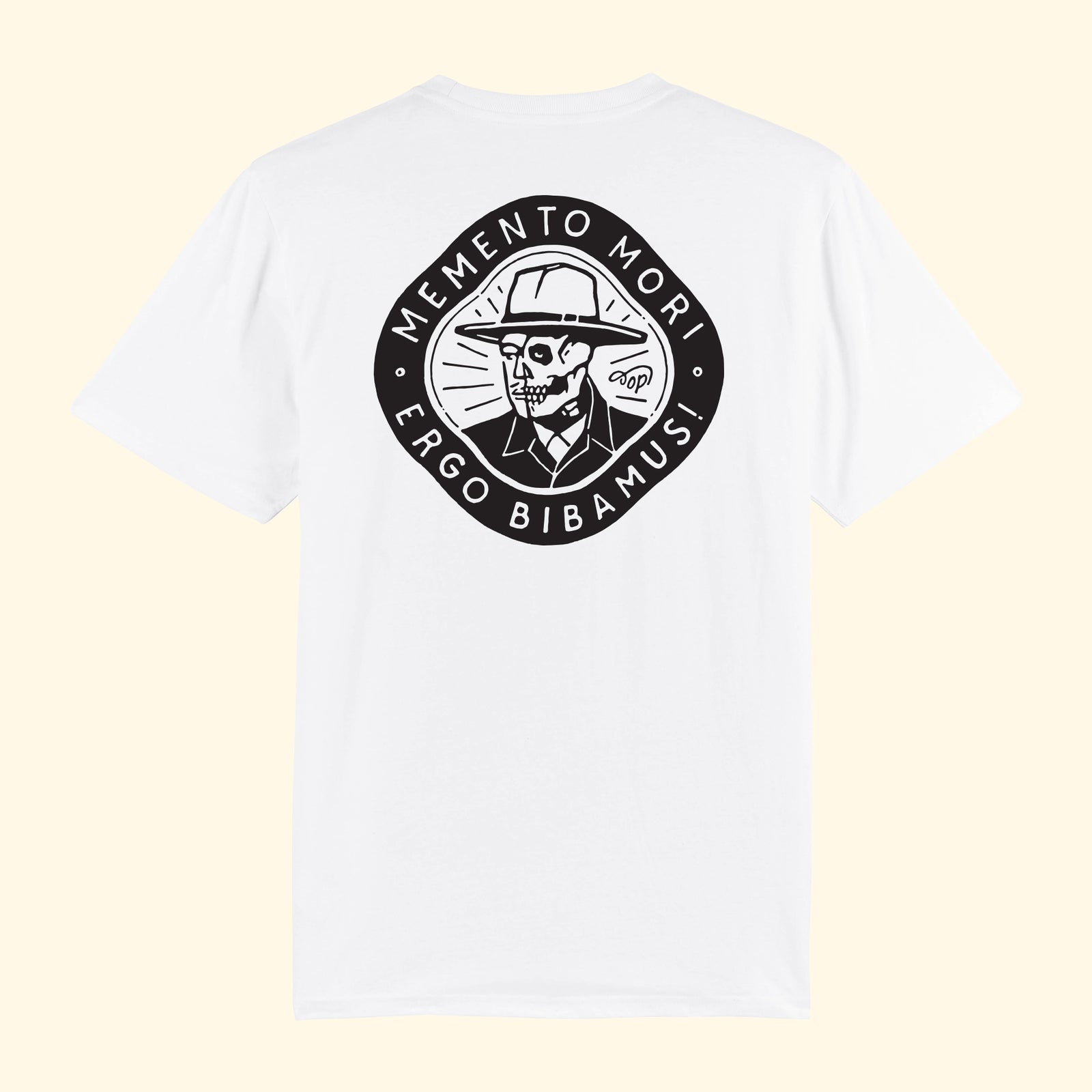 Memento-Mori-Ergo-Bibamus-T-Shirt-weiss-rueckseite-oldpassion-from-prison-with-love