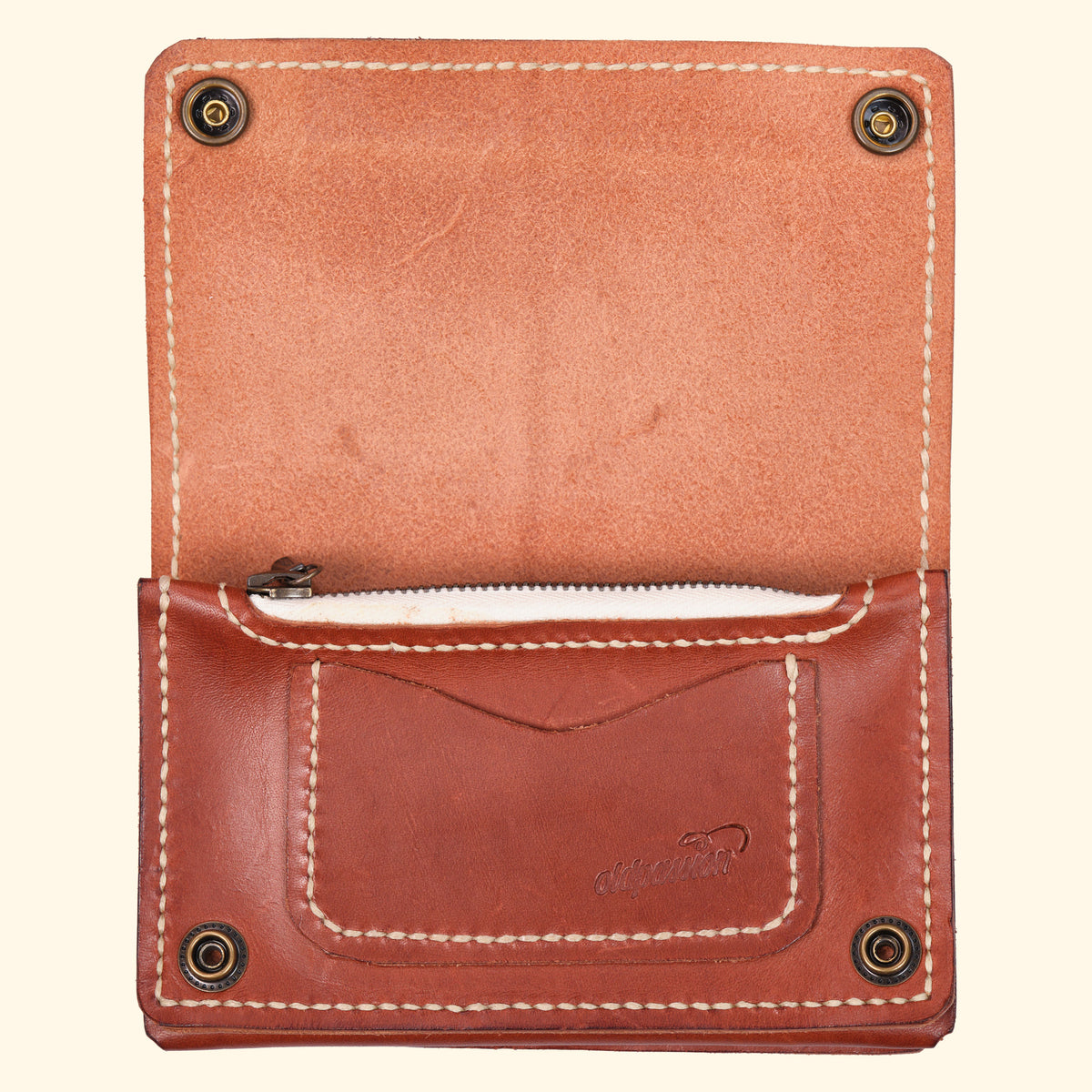 Trucker-Wallet-Extravagantes-Leder-Portemonnaie-hellbraun-Leder-antique-hardware-oldpassion-from-prison-with-love-Vorderseite-geöffnet