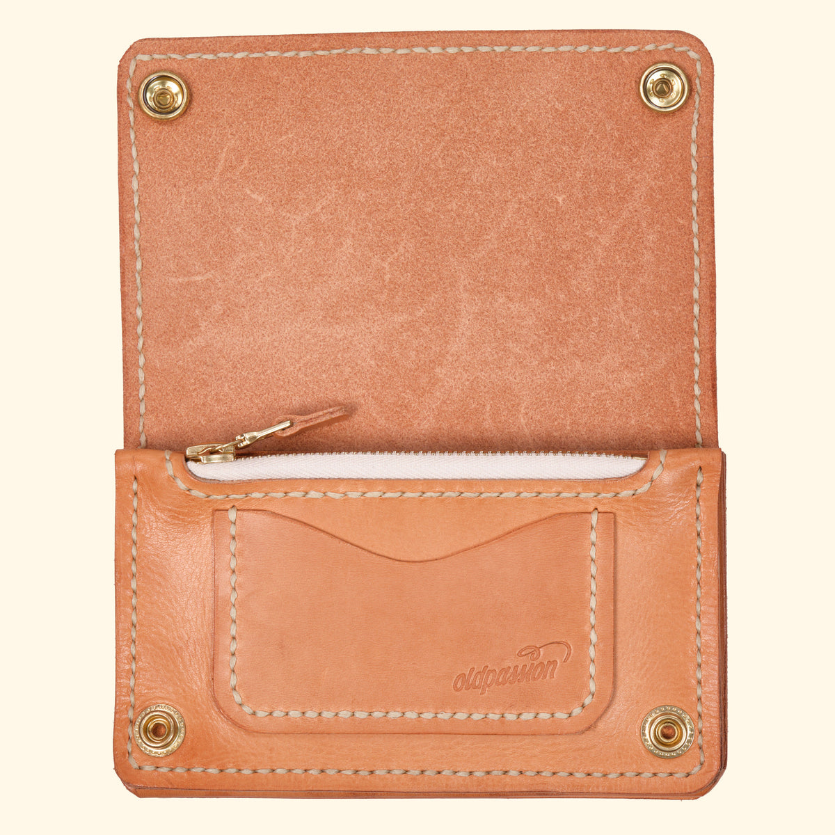 Trucker-Wallet-Extravagantes-Leder-Portemonnaie-nature-Leder-gold-hardware-oldpassion-from-prison-with-love-Vorderseite-geöffnet